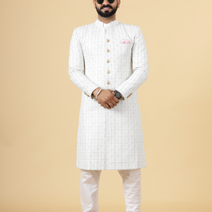 Alluring White Thread Embroidered Sherwani | Father Son Combo | Perfect Groom Wear Achkan